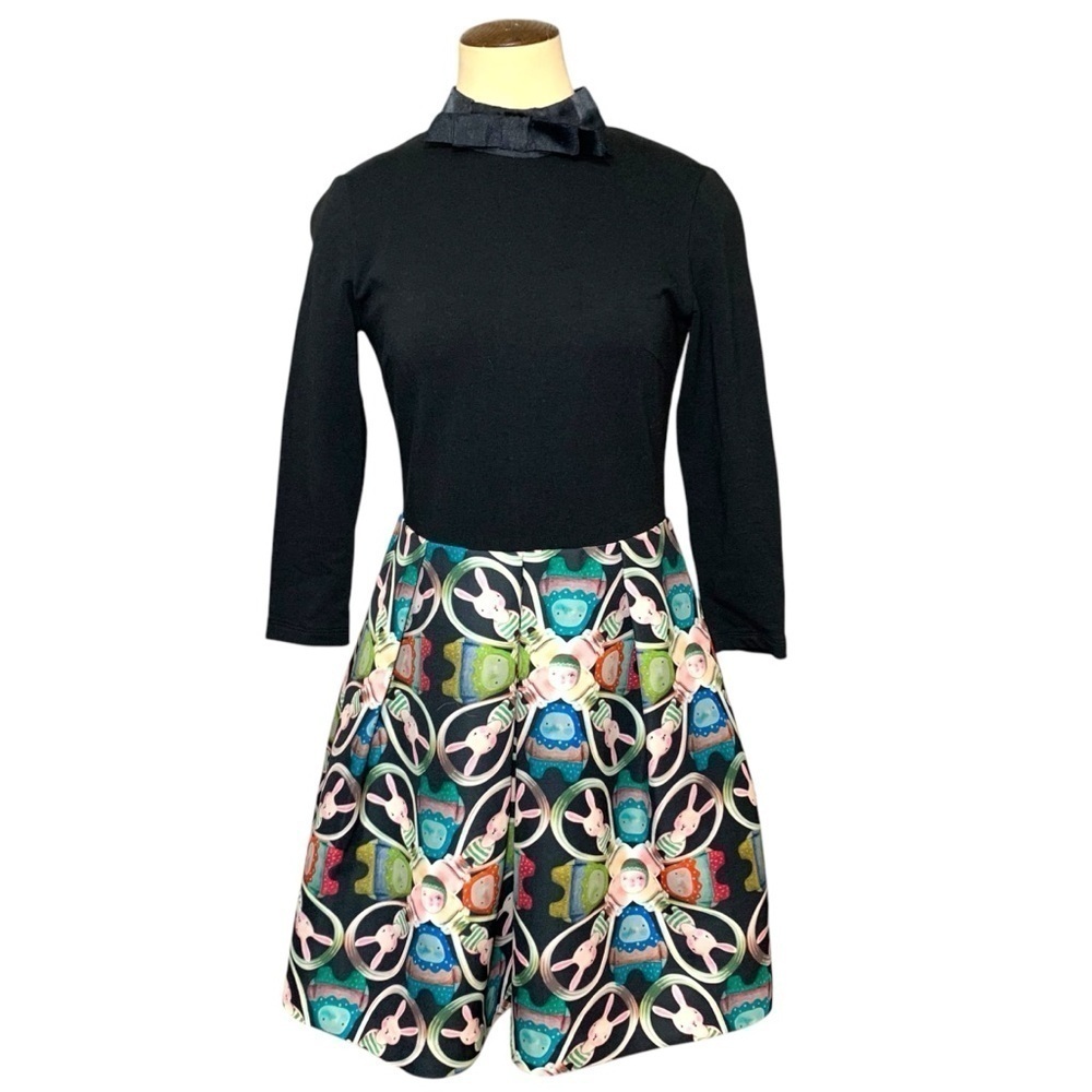 Missoul Black Dress Long Sleeve XS Colorful Bunny’s Pleated Skirt Coquette Fairy